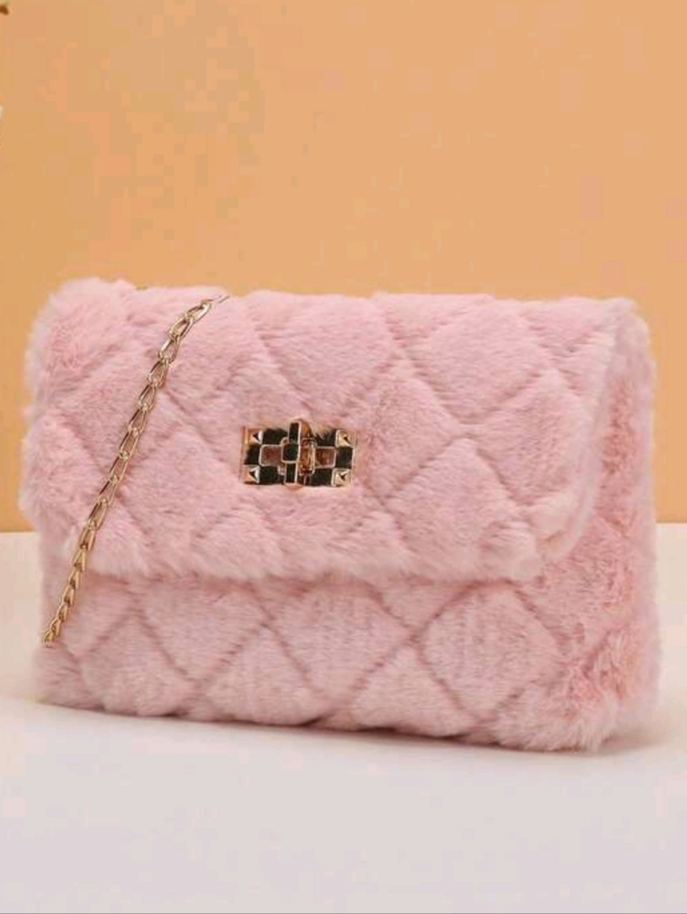 Source Unknown Plush Quilted Crossbody Bag in Pink with Gold Chain